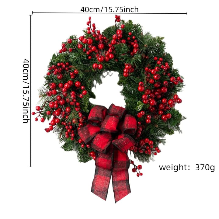 The Red Berry Plaid Bow Wreath, Green with red berries